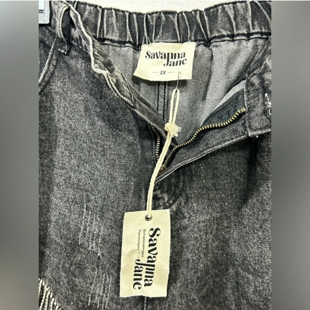 NWT Savanna Jane Black Distressed Denim Rhinestone Fringe High Rise Shorts 2x